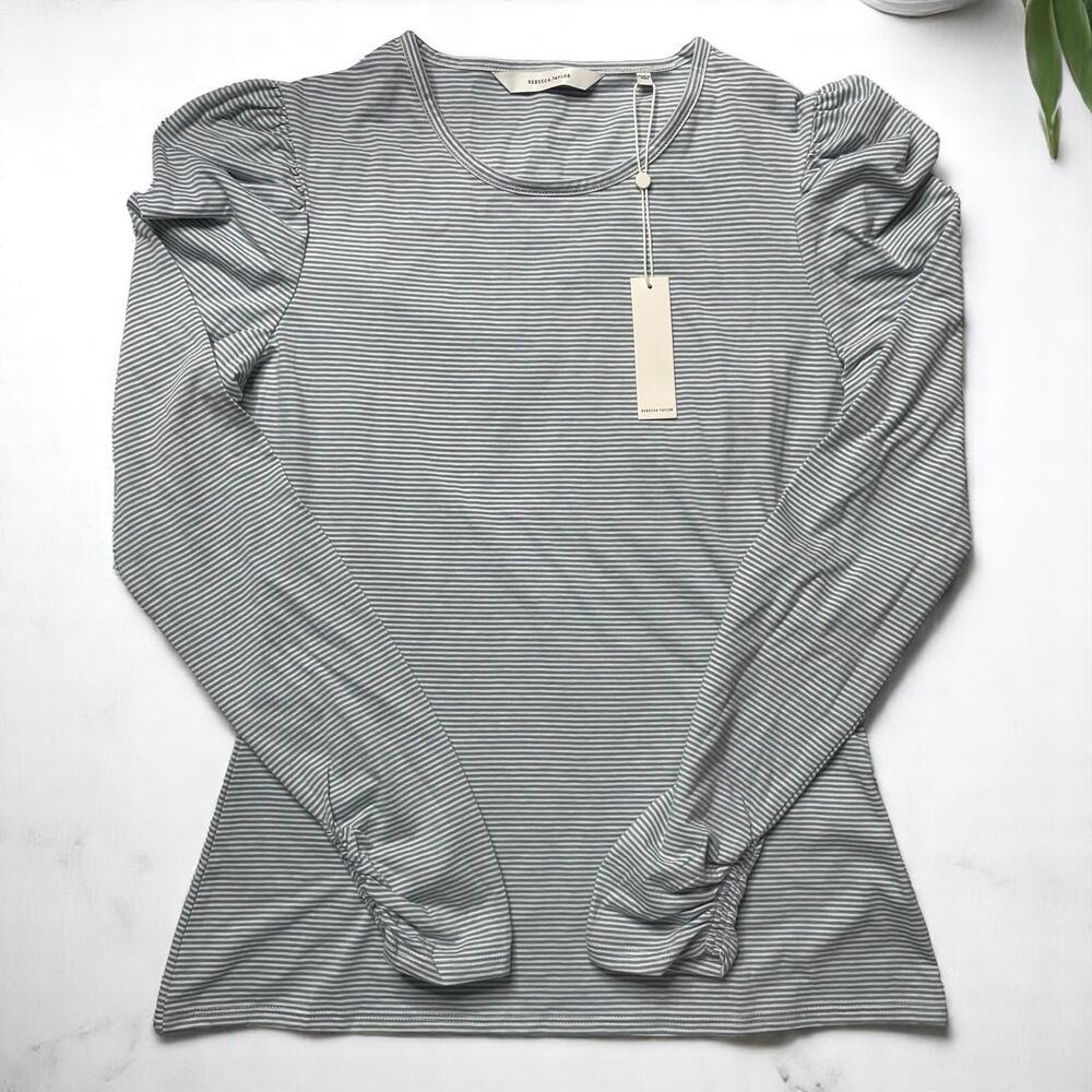 (60% OFF) NWT Rebecca Taylor Lont-Sleeve Ruched Striped Tee Shirt M MSRP $125 - Picture 5 of 8